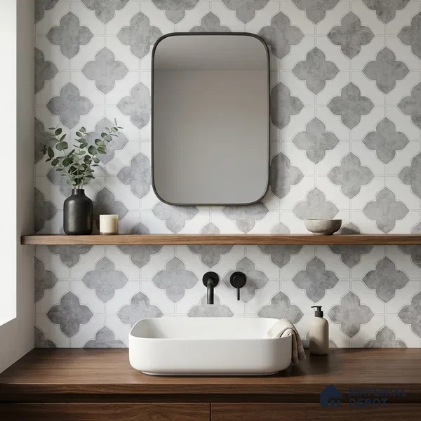 Moroccan Carving Wall & Floor Tile TL 11674 Silver Arabesque 1 ft x 1 ft Ceramic Carving Matte Finish Tile - 10 mm | Suitable For Bathroom, Dining Area, Kitchen
