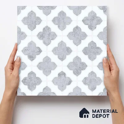 Moroccan Carving Wall & Floor Tile TL 11674 Silver Arabesque 1 ft x 1 ft Ceramic Carving Matte Finish Tile - 10 mm | Suitable For Bathroom, Dining Area, Kitchen