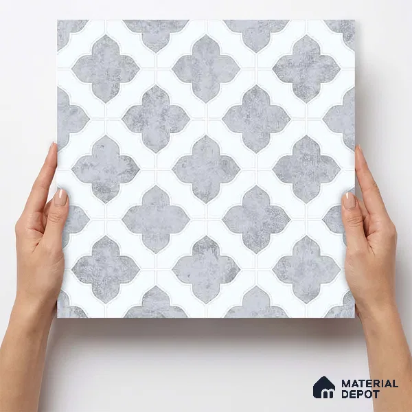 Moroccan Carving Wall & Floor Tile TL 11674 Silver Arabesque 1 ft x 1 ft Ceramic Carving Matte Finish Tile - 10 mm | Suitable For Bathroom, Dining Area, Kitchen