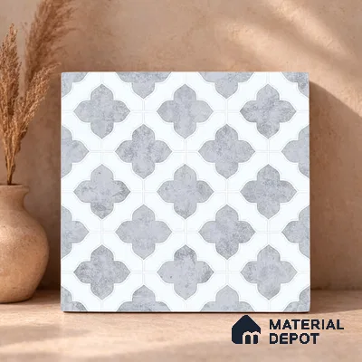 Moroccan Carving Wall & Floor Tile TL 11674 Silver Arabesque 1 ft x 1 ft Ceramic Carving Matte Finish Tile - 10 mm | Suitable For Bathroom, Dining Area, Kitchen