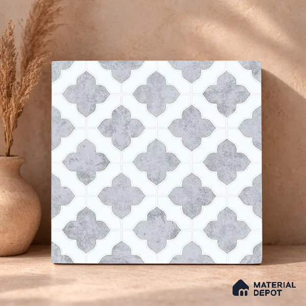 Moroccan Carving Wall & Floor Tile TL 11674 Silver Arabesque 1 ft x 1 ft Ceramic Carving Matte Finish Tile - 10 mm | Suitable For Bathroom, Dining Area, Kitchen