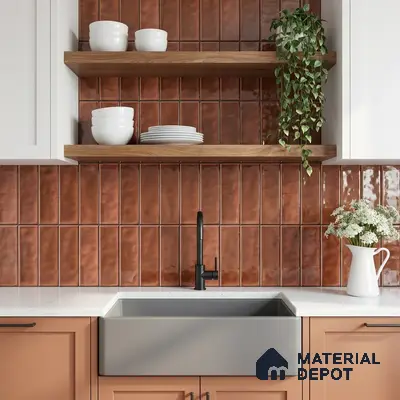 Minimalist bathroom walkthrough with terracotta vertical subway wall tiles and light oak floating vanity