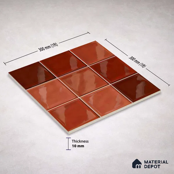 Faux Subway Wall Tile TL 11319 Sunset Terracotta 1 ft x 1 ft Ceramic Glossy Finish Tile - 10 mm | Suitable For Bathroom, Dining Area, Kitchen Backsplash