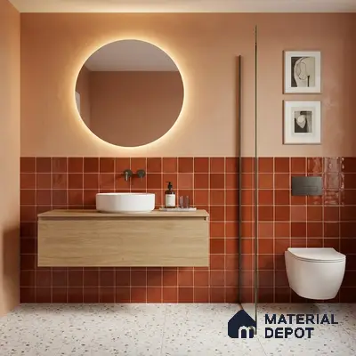 Modern bathroom walkthrough with terracotta wall tiles, terrazzo floor tiles, and light oak floating vanity