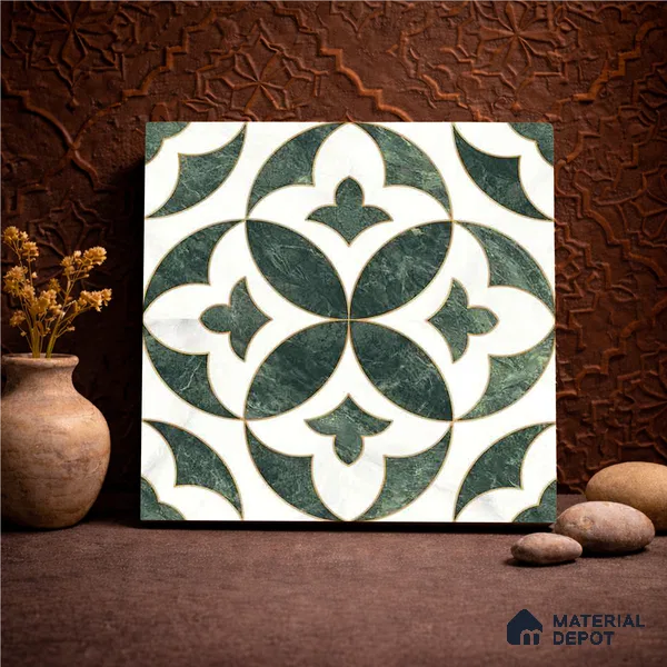 Moroccan Carving Wall & Floor Tile TL 11677 Verde Royale 1 ft x 1 ft Ceramic Carving Matte Finish Tile - 10 mm | Suitable For Bathroom, Dining Area, Kitchen