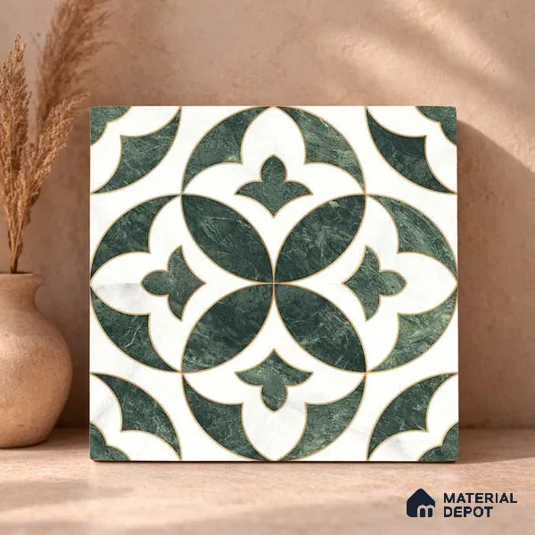 Moroccan Carving Wall & Floor Tile TL 11677 Verde Royale 1 ft x 1 ft Ceramic Carving Matte Finish Tile - 10 mm | Suitable For Bathroom, Dining Area, Kitchen