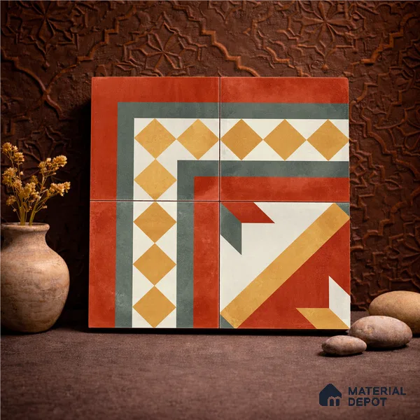 Moroccan Wall & Floor Corner 1 Carpet Tile TL 11203 Crimson Mosaic 1 ft x 1 ft Ceramic Matte Finish Tile - 10 mm | Suitable For Kitchen, Bathroom, Living Room
