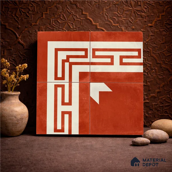 Moroccan Wall & Floor Corner 2 Carpet Tile TL 11204 Maze Terracotta 1 ft x 1 ft Ceramic Matte Finish Tile - 10 mm | Suitable For Kitchen, Bathroom, Living Room