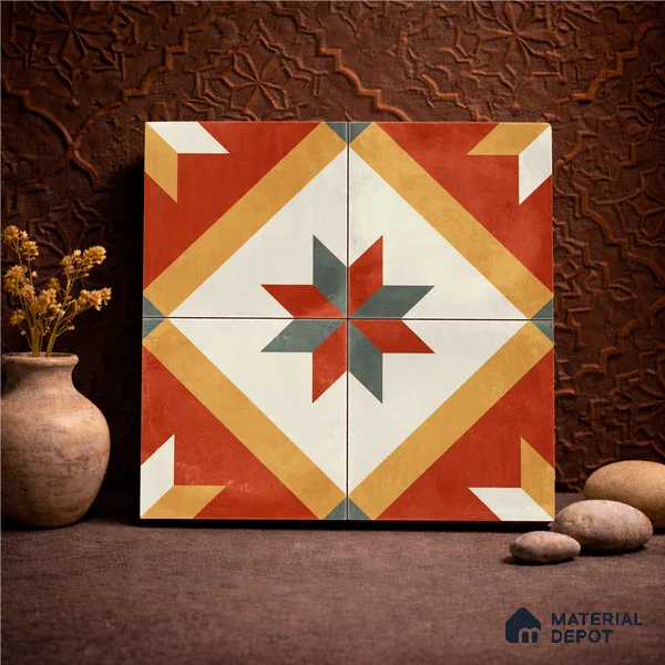 Moroccan Wall & Floor Center 2 Carpet Tile TL 11207 Crimson Starburst 1 ft x 1 ft Ceramic Matte Finish Tile - 10 mm | Suitable For Bathroom, Balcony & Kitchen Backsplash (Sample)
