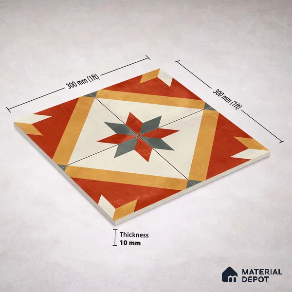 Moroccan Wall & Floor Center 2 Carpet Tile TL 11207 Crimson Starburst 1 ft x 1 ft Ceramic Matte Finish Tile - 10 mm | Suitable For Bathroom, Balcony & Kitchen Backsplash (Sample)
