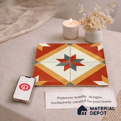 Moroccan Wall & Floor Center 2 Carpet Tile TL 11207 Crimson Starburst 1 ft x 1 ft Ceramic Matte Finish Tile - 10 mm | Suitable For Bathroom, Balcony & Kitchen Backsplash (Sample)