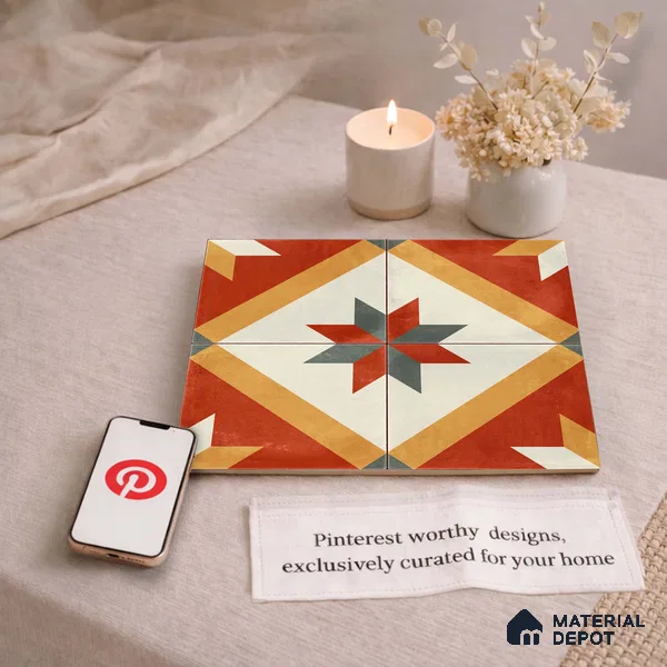 Moroccan Wall & Floor Center 2 Carpet Tile TL 11207 Crimson Starburst 1 ft x 1 ft Ceramic Matte Finish Tile - 10 mm | Suitable For Bathroom, Balcony & Kitchen Backsplash (Sample)