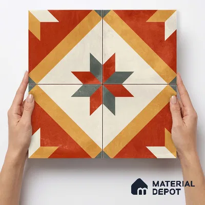 Moroccan Wall & Floor Center 2 Carpet Tile TL 11207 Crimson Starburst 1 ft x 1 ft Ceramic Matte Finish Tile - 10 mm | Suitable For Bathroom, Balcony & Kitchen Backsplash (Sample)