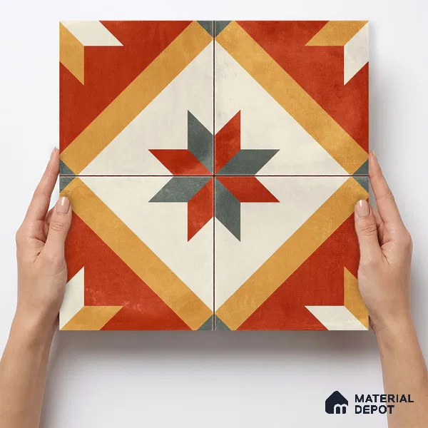 Moroccan Wall & Floor Center 2 Carpet Tile TL 11207 Crimson Starburst 1 ft x 1 ft Ceramic Matte Finish Tile - 10 mm | Suitable For Bathroom, Balcony & Kitchen Backsplash (Sample)