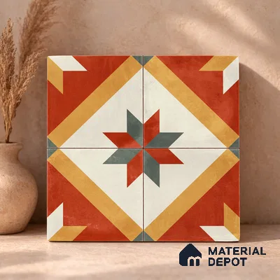 Moroccan Wall & Floor Center 2 Carpet Tile TL 11207 Crimson Starburst 1 ft x 1 ft Ceramic Matte Finish Tile - 10 mm | Suitable For Bathroom, Balcony & Kitchen Backsplash (Sample)