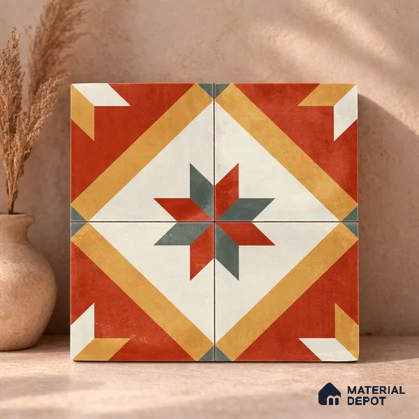 Moroccan Wall & Floor Center 2 Carpet Tile TL 11207 Crimson Starburst 1 ft x 1 ft Ceramic Matte Finish Tile - 10 mm | Suitable For Bathroom, Balcony & Kitchen Backsplash (Sample)