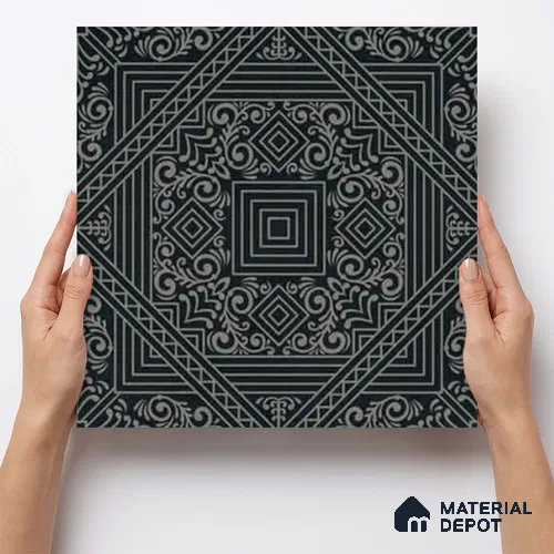 Moroccan Wall & Floor Carpet Center Tile TL 11173 Noir Tapestry 1 ft x 1 ft Ceramic Matte Finish Tile - 10 mm | Suitable For Bathroom, Balcony & Kitchen Backsplash