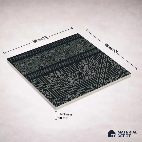 Moroccan Wall & Floor Carpet Border Tile TL 11174 Noir Tribal 1 ft x 1 ft Ceramic Matte Finish Tile - 10 mm | Suitable For Kitchen, Bathroom, Living Room
