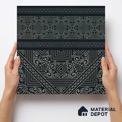Moroccan Wall & Floor Carpet Border Tile TL 11174 Noir Tribal 1 ft x 1 ft Ceramic Matte Finish Tile - 10 mm | Suitable For Kitchen, Bathroom, Living Room