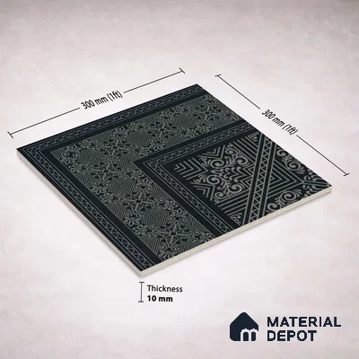 Moroccan Wall & Floor Carpet Corner Tile TL 11175 Noir Filigree 1 ft x 1 ft Ceramic Matte Finish Tile - 10 mm | Suitable For Kitchen, Bathroom, Living Room