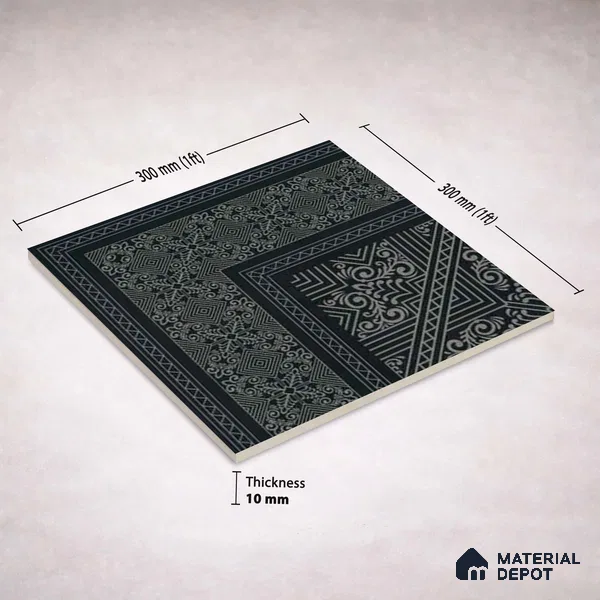Moroccan Wall & Floor Carpet Corner Tile TL 11175 Noir Filigree 1 ft x 1 ft Ceramic Matte Finish Tile - 10 mm | Suitable For Kitchen, Bathroom, Living Room