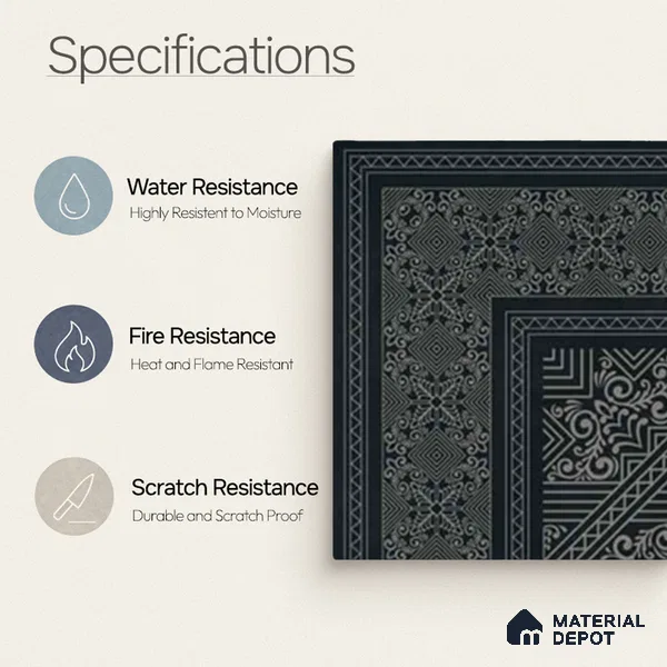 Moroccan Wall & Floor Carpet Corner Tile TL 11175 Noir Filigree 1 ft x 1 ft Ceramic Matte Finish Tile - 10 mm | Suitable For Kitchen, Bathroom, Living Room