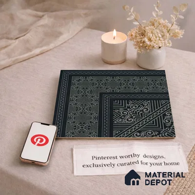 Moroccan Wall & Floor Carpet Corner Tile TL 11175 Noir Filigree 1 ft x 1 ft Ceramic Matte Finish Tile - 10 mm | Suitable For Kitchen, Bathroom, Living Room