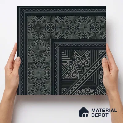 Moroccan Wall & Floor Carpet Corner Tile TL 11175 Noir Filigree 1 ft x 1 ft Ceramic Matte Finish Tile - 10 mm | Suitable For Kitchen, Bathroom, Living Room