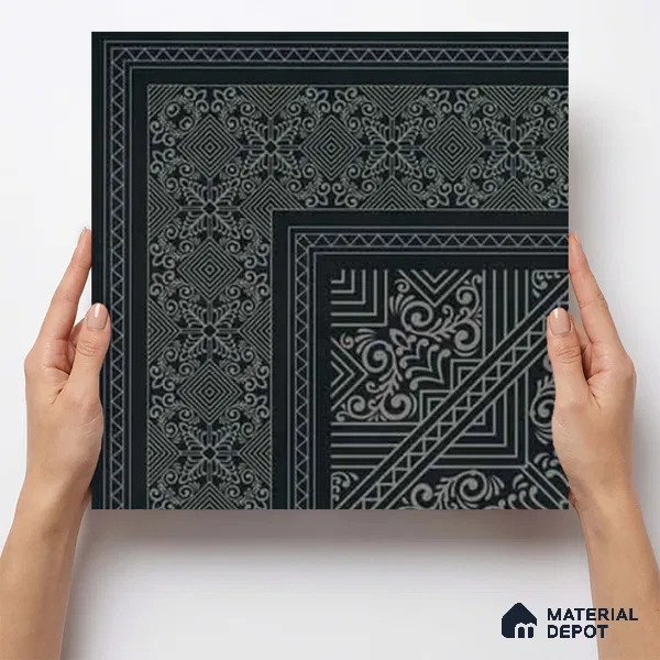 Moroccan Wall & Floor Carpet Corner Tile TL 11175 Noir Filigree 1 ft x 1 ft Ceramic Matte Finish Tile - 10 mm | Suitable For Kitchen, Bathroom, Living Room