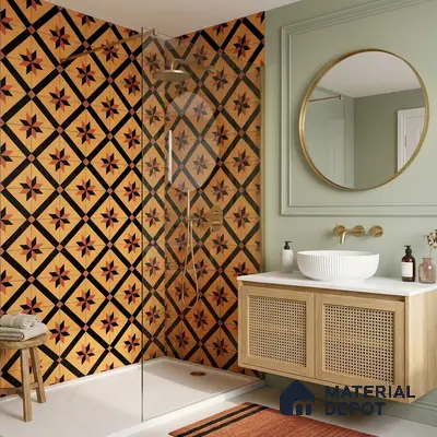 Modern kitchen walkthrough with oak wood laminate, white marble countertop, and geometric patterned backsplash tiles