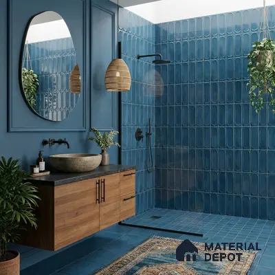 Modern bathroom walkthrough with blue elongated subway wall tiles, wooden floating vanity, and matte black fixtures