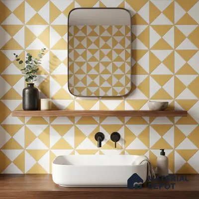 Modern bathroom walkthrough with yellow and white geometric wall tiles and wooden countertop