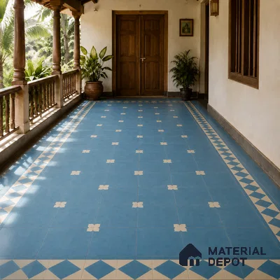 Athangudi Handmade Center Tile TL 10876 Azure Petite Bloom 10 x 10 inch Concrete Pearl Finish - 18 mm | Suitable for Indoor Flooring in Living Room, Bedroom, Dining Area & Foyer