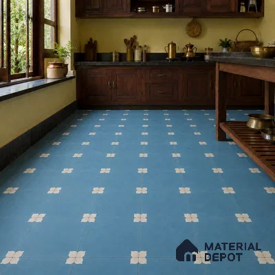 Athangudi Handmade Center Tile TL 10876 Azure Petite Bloom 10 x 10 inch Concrete Pearl Finish - 18 mm | Suitable for Indoor Flooring in Living Room, Bedroom, Dining Area & Foyer