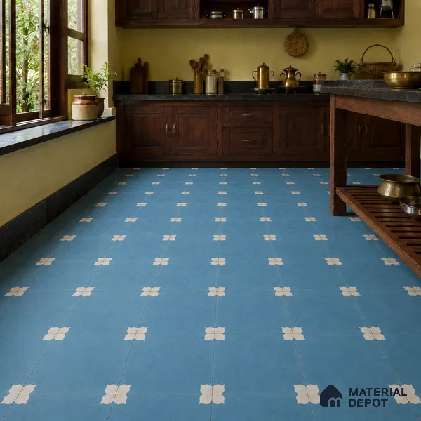 Athangudi Handmade Center Tile TL 10876 Azure Petite Bloom 10 x 10 inch Concrete Pearl Finish - 18 mm | Suitable for Indoor Flooring in Living Room, Bedroom, Dining Area & Foyer