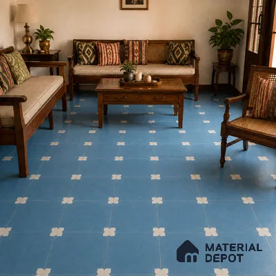 Athangudi Handmade Center Tile TL 10876 Azure Petite Bloom 10 x 10 inch Concrete Pearl Finish - 18 mm | Suitable for Indoor Flooring in Living Room, Bedroom, Dining Area & Foyer
