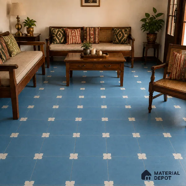 Athangudi Handmade Center Tile TL 10876 Azure Petite Bloom 10 x 10 inch Concrete Pearl Finish - 18 mm | Suitable for Indoor Flooring in Living Room, Bedroom, Dining Area & Foyer