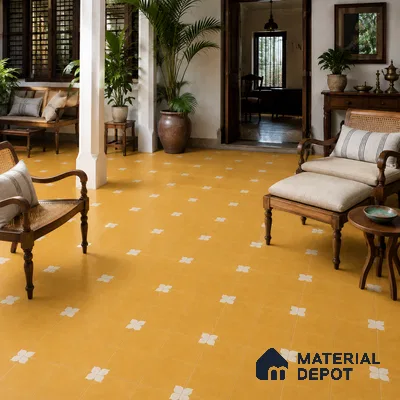 Athangudi Handmade Center Tile TL 10876 B Amber Petite Bloom 10 x 10 inch Concrete Pearl Finish - 18 mm | Suitable for Indoor Flooring in Living Room, Bedroom, Dining Area & Foyer