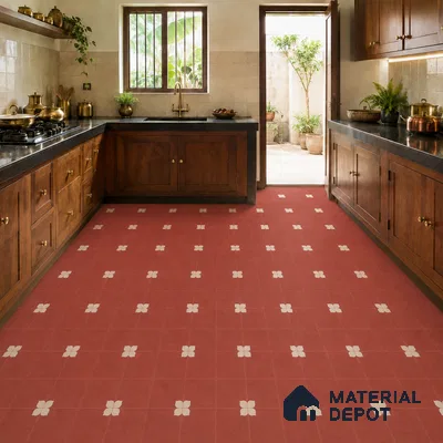 Athangudi Handmade Center Tile TL 10876 C Terracotta Petite Bloom 10 x 10 inch Concrete Pearl Finish - 18 mm | Suitable for Indoor Flooring in Living Room, Bedroom, Dining Area & Foyer