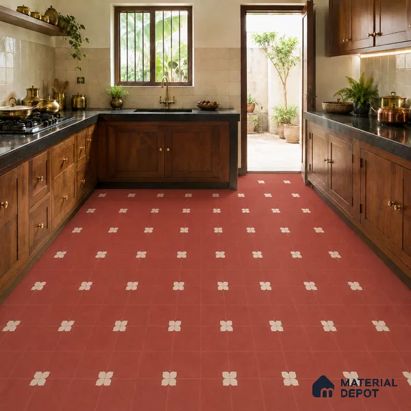 Athangudi Handmade Center Tile TL 10876 C Terracotta Petite Bloom 10 x 10 inch Concrete Pearl Finish - 18 mm | Suitable for Indoor Flooring in Living Room, Bedroom, Dining Area & Foyer