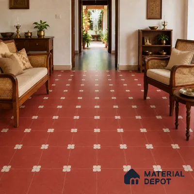 Athangudi Handmade Center Tile TL 10876 C Terracotta Petite Bloom 10 x 10 inch Concrete Pearl Finish - 18 mm | Suitable for Indoor Flooring in Living Room, Bedroom, Dining Area & Foyer