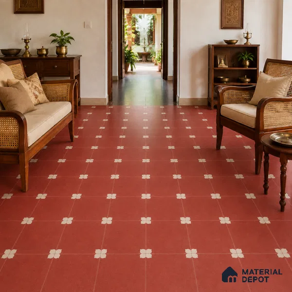 Athangudi Handmade Center Tile TL 10876 C Terracotta Petite Bloom 10 x 10 inch Concrete Pearl Finish - 18 mm | Suitable for Indoor Flooring in Living Room, Bedroom, Dining Area & Foyer