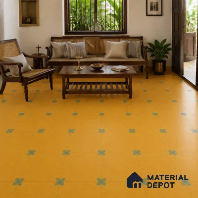 Athangudi Handmade Center Tile TL 10876 D Saffron Petite Bloom 10 x 10 inch Concrete Pearl Finish - 18 mm | Suitable for Indoor Flooring in Living Room, Bedroom, Dining Area & Foyer