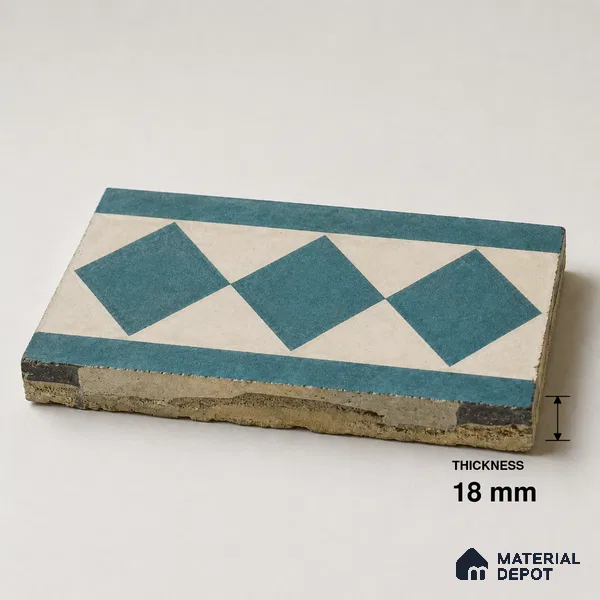Athangudi Handmade Border Tile TL 10876 E Azure Petite Bloom 10 x 5 inch Concrete Pearl Finish - 18 mm | Suitable for Decorative Floor Borders in Living Room, Bedroom, Dining Area & Foyer