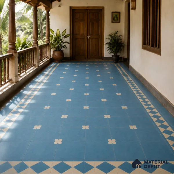 Athangudi Handmade Border Tile TL 10876 E Azure Petite Bloom 10 x 5 inch Concrete Pearl Finish - 18 mm | Suitable for Decorative Floor Borders in Living Room, Bedroom, Dining Area & Foyer