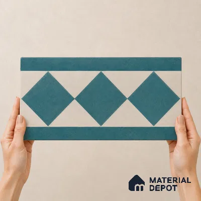 Athangudi Handmade Border Tile TL 10876 E Azure Petite Bloom 10 x 5 inch Concrete Pearl Finish - 18 mm | Suitable for Decorative Floor Borders in Living Room, Bedroom, Dining Area & Foyer