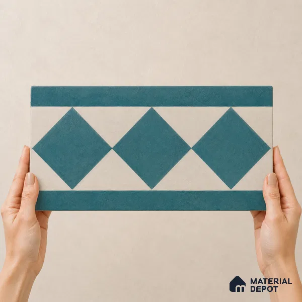 Athangudi Handmade Border Tile TL 10876 E Azure Petite Bloom 10 x 5 inch Concrete Pearl Finish - 18 mm | Suitable for Decorative Floor Borders in Living Room, Bedroom, Dining Area & Foyer