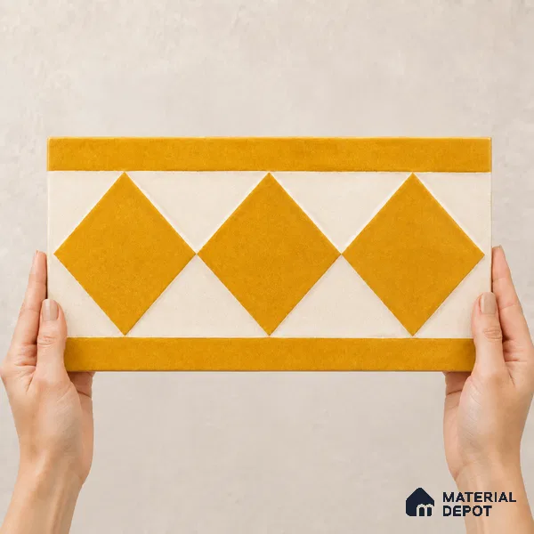 Athangudi Handmade Border Tile TL 10876 F Amber Petite Bloom 10 x 5 inch Concrete Pearl Finish - 18 mm | Suitable for Decorative Floor Borders in Living Room, Bedroom, Dining Area & Foyer