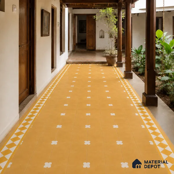 Athangudi Handmade Border Tile TL 10876 F Amber Petite Bloom 10 x 5 inch Concrete Pearl Finish - 18 mm | Suitable for Decorative Floor Borders in Living Room, Bedroom, Dining Area & Foyer