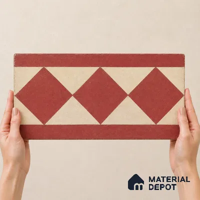 Athangudi Handmade Border Tile TL 10876 G Terracotta Petite Bloom 10 x 5 inch Concrete Pearl Finish - 18 mm | Suitable for Decorative Floor Borders in Living Room, Bedroom, Dining Area & Foyer